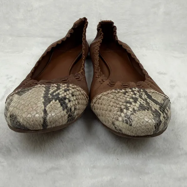 Tory Burch Leather Scalloped Ballet Flats‎ Snakeskin Cap Toe Logo 7.5 READ - Image 3