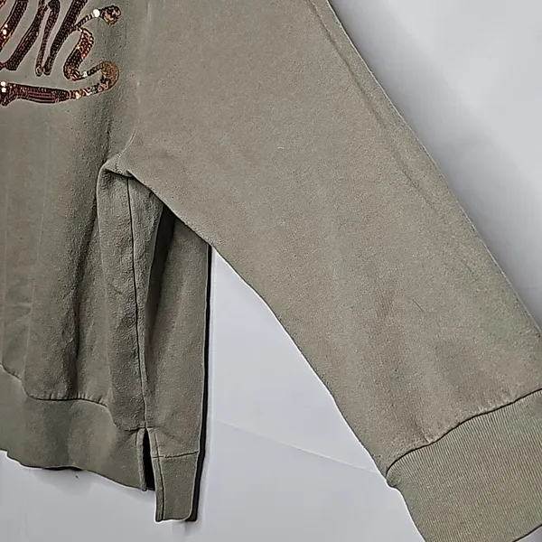 PINK - Victoria's Secret pullover olive green hooded hoodie gold sequin sweatshirt L - Image 4