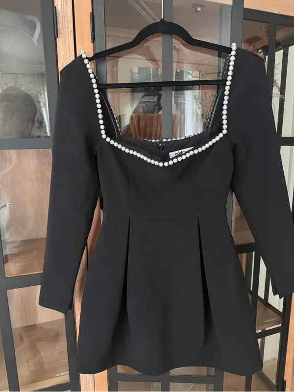 Odd Muse London Pearls Mini Dress Black square neck long sleeve - Image 2