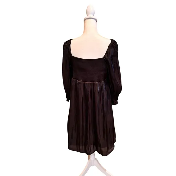 Baltic Born Black Satin Mini Dress L Square Neck‎ Puff Sleeve Empire Waist Party - Image 2