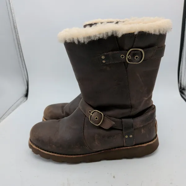UGG Noira 1001733 Dark Brown Leather Shearling Moto Boots Womens 10 Biker - Image 2