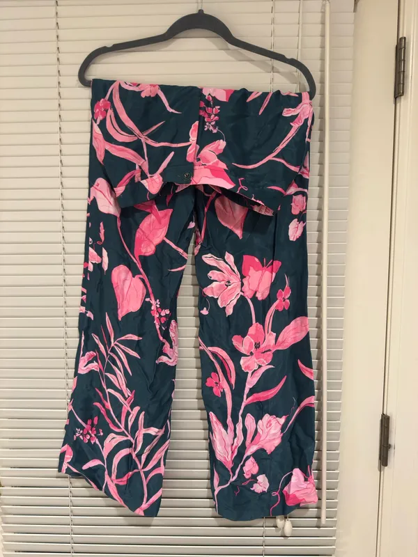 Dark Green Pink Floral Anthropologie Satin Pants - Image 3