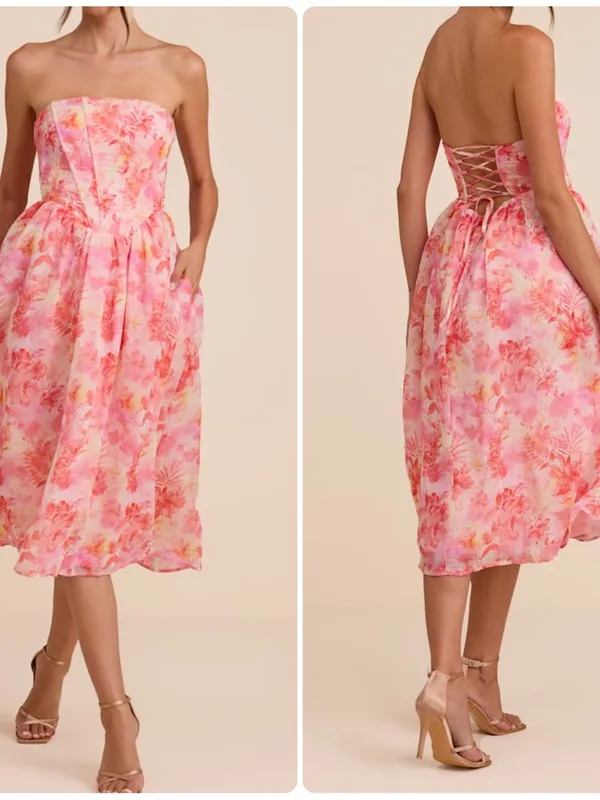 Lulus Eulalia Pink Floral Lace-Up Strapless Bustier Midi Dress - Image 2