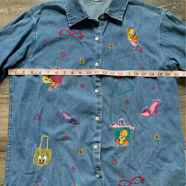 Vintage Looney Tunes Tweety Bird Oversized Denim Button Down Shirtt L - Image 4