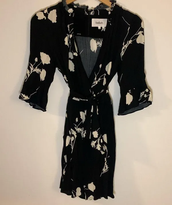 BA&SH Penny Floral Belted Romper Black and White Size 6 - Image 4