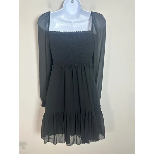 Aritzia Wilfred Black Tempest Chiffon Smocked Mini Dress Sheer Sleeve Size XS - Image 7