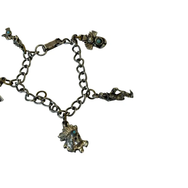 Turquoise Accented Charm Bracelet Anklet Southwestern Silver Tone Tribal Boho - Image 8