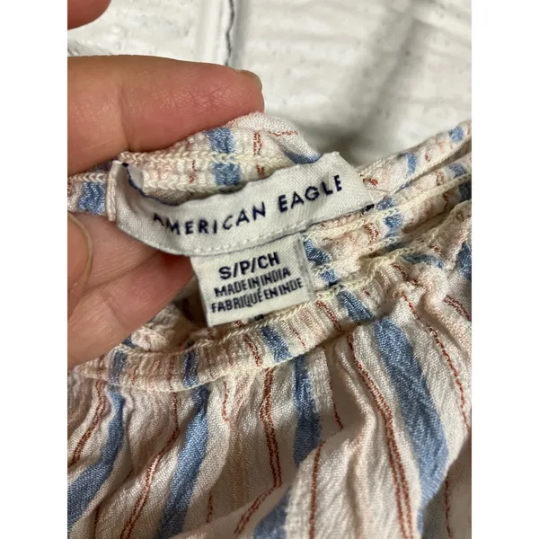 American Eagle Cami Crop Top Womens S Blue Tan‎ Excellent Striped Smocked Back - Image 2