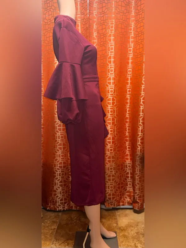 SHEIN Burgundy One Shoulder Bell Sleeve Midi Dress Size Medium - Image 2