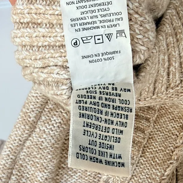 L.L. Bean Cable Knit Fisherman Cardigan Sweater Beige Cotton Button Front‎ M - Image 5