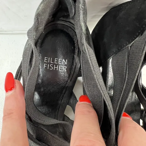 Eileen Fisher 6 Oodle Black Criss Cross Sandal Wedge Nubuck Leather Stacked Heel - Image 8