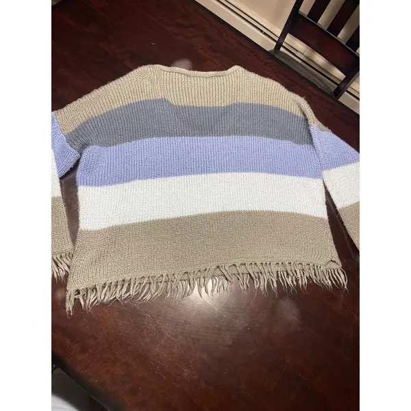 Striped Knit Poncho Sweater Fringe Trim Cozy Layering Piece‎ T-17 - Image 3