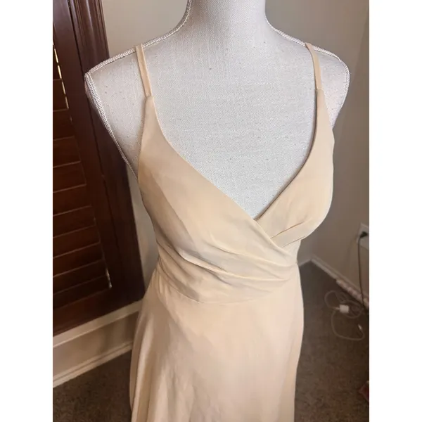 Azazie Champagne Chiffon V-Neck Maxi Dress A2 Bridesmaid Formal Low Back - Image 2