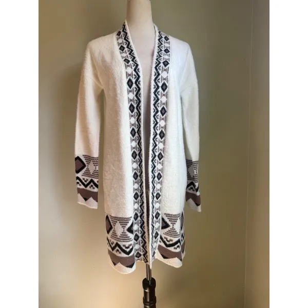 Rachel Zoe Cream Knit Southwestern Boho Long Cardigan Sm whimsi Aztec cozy western sweater‎ - Image 2