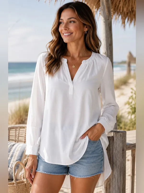 BeachLunchLounge White V-Neck Long Sleeve Blouse Medium - Image 2