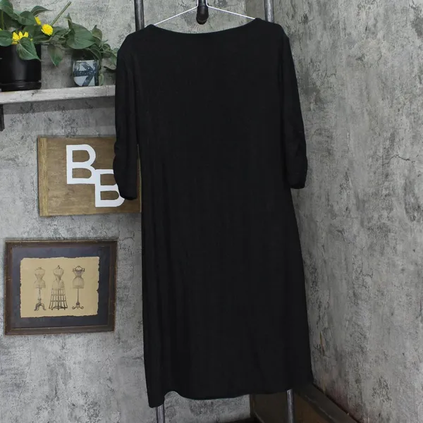 NWT 24Seven Comfort Apparel Womens Shiny Knit Ruched 3/4 Sleeve Dress Black 1X - Image 2