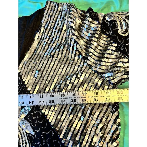 Vtg Scala Beaded Sequin Top Black Silver Embellished Blouse Size Large - Image 12