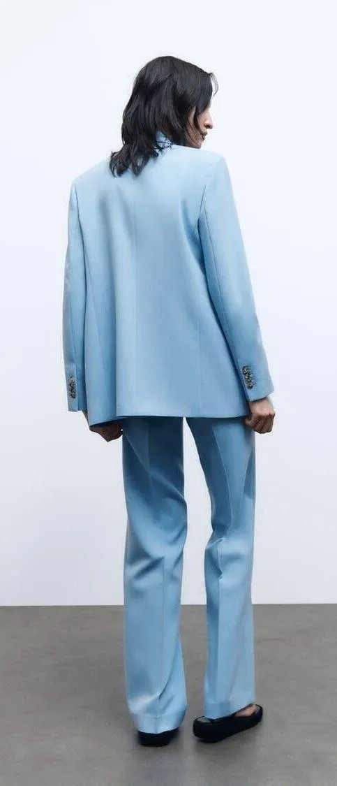 ZARA blazer suit jacket double breasted relaxed long baby blue - Image 10