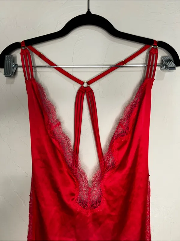 Victoria's Secret Red Satin Lace Chemise Slip Dress & Robe 2 Piece‎ Lingerie Set - Image 5