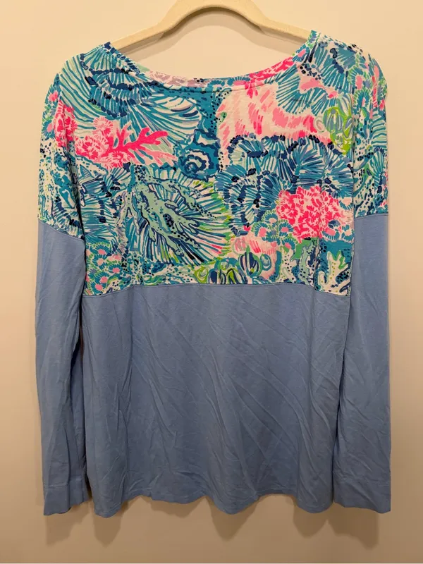 Lilly Pulitzer Blue Pink Tropical Print Colorblock‎ Long Sleeve Top Size Small - Image 3