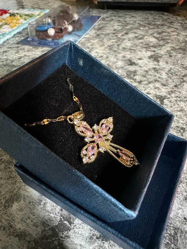 14kt Gold Plated Stainless Steel Cross Necklace with Pink Rhinestones - Image 2