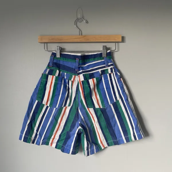 Extra Blues Vtg. 1990's High Rise Shorts Blue Green Stripes 100% Cotton Size 5 - Image 2