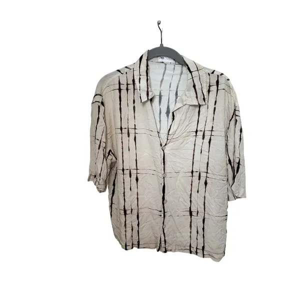 Zara Abstract Print Button Up Shirt Women’s M Beige Black Oversized Blouse - Image 7