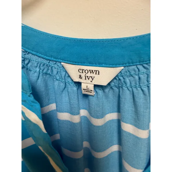 Crown & Ivy Blue White Striped Rayon Peasant Blouse Women's Large Coastal Top - Image 5