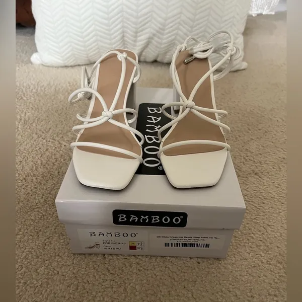 Bamboo White Strappy Block Heel Sandals - Image 3