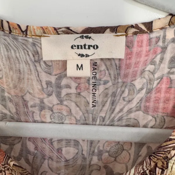 Entro Floral Smocked Mini Dress Long Sleeve Boho Tan Red Brown D21560 Womens M‎ - Image 4