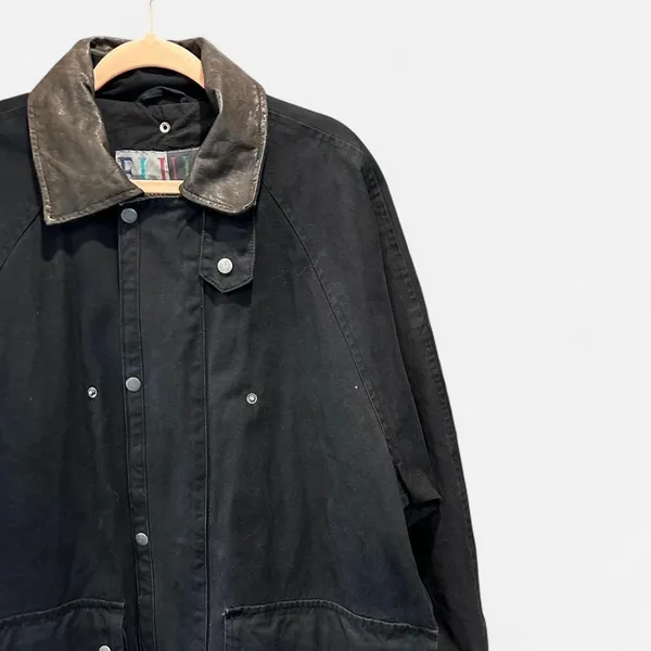 Vintage 90s Black Cotton Maxi Barn Jacket Leather Collar Oversized Small - Image 6