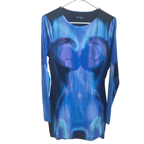 White Fox Blue Abstract Print Bodycon Mini Dress Long Sleeve Cyber Love Island L - Image 3