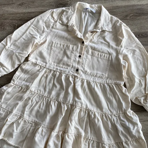ZARA poplin long collared shirt dress tiered cream ivory ecru 3/4 sleeve large - Image 4