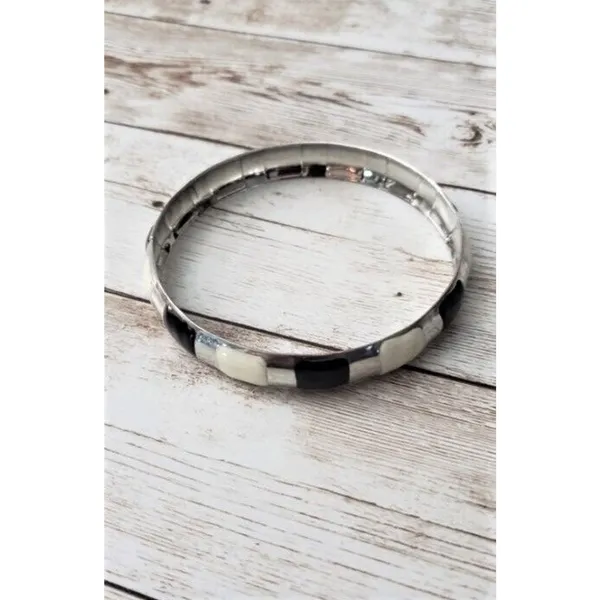 Vintage Bracelet / Bangle - Cream, Black & Silver Tone - Image 3