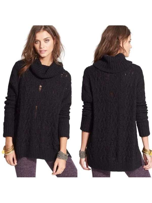 Free People Distressed Cable Knit Turtleneck Sweater Oversized Cowl Black Small‎ - Image 2