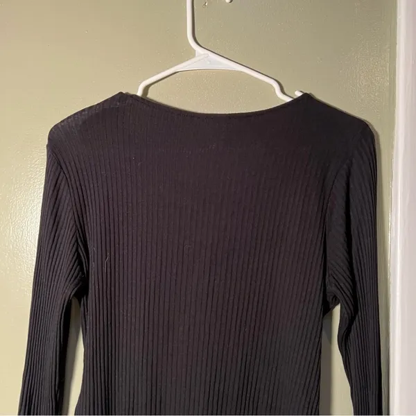 H&M Women's Size Medium Bodysuit Long Sleeve Lace Up‎ Black Ribbed Deep V-Neck - Image 7