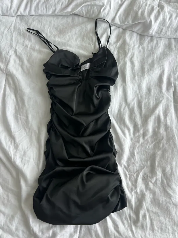 Oh Polly Black Ruched Satin Mini Dress with Plunge Neckline - Image 2