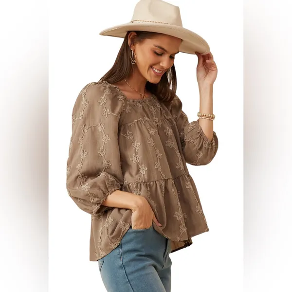 Hayden Women’s Brushed Floral Detailed Puff Sleeve Square Neck Top L - Image 2