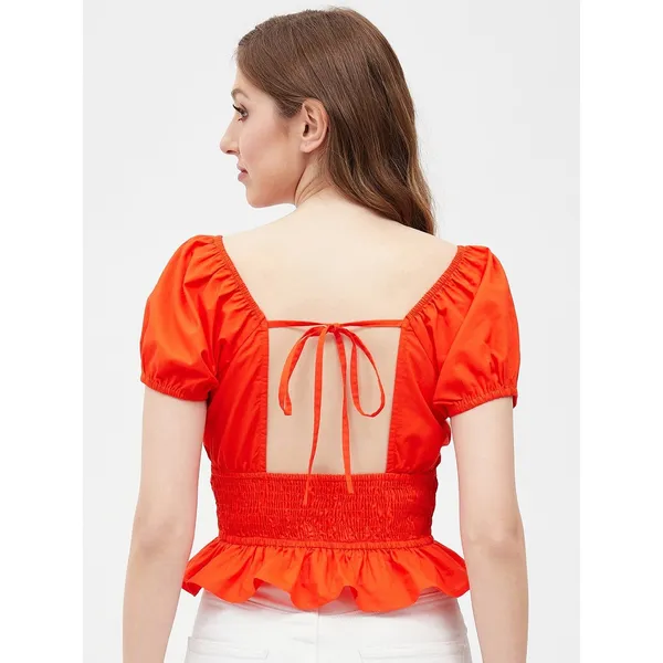 Sim & Sam Paolina Red V-Neck Ruched Peplum Top Open Back Puff Sleeve‎ Cotton XL - Image 2