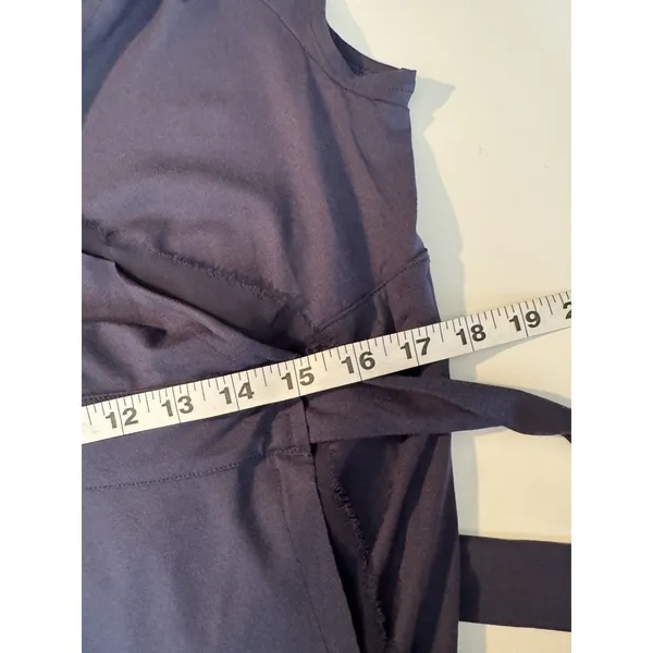COTE FEMME Navy Blue Wrap Midi Dress Sz 14/16 V-Neck Sheer Trim Preppy Feminine - Image 11