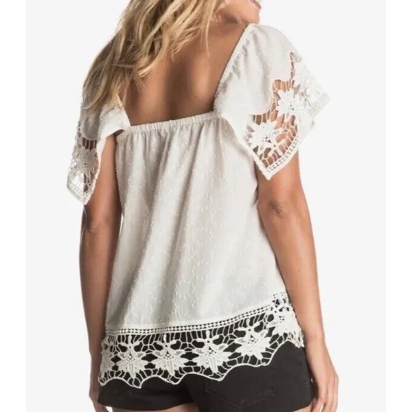 Roxy Crochet Lace Swiss Dot Top Womens Small White Off Shoulder Boho Peasant‎ - Image 3