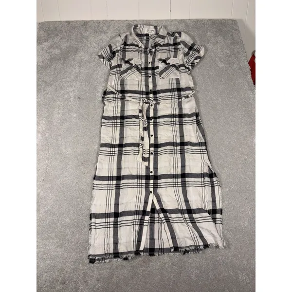 Anthropologie Cloth & Stone Hannah Shirtdress M Plaid‎ Short Sleeve Belted White - Image 5
