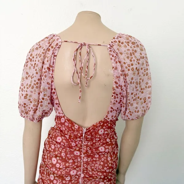 [Free People] Tessa Floral Puff Sleeve Ruched Open Back Mini Dress Size Large L - Image 5