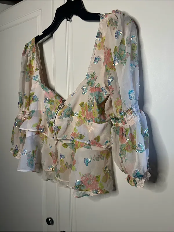 For Love & Lemons Paradis Floral Sequin Ruffle Blouse - Image 16
