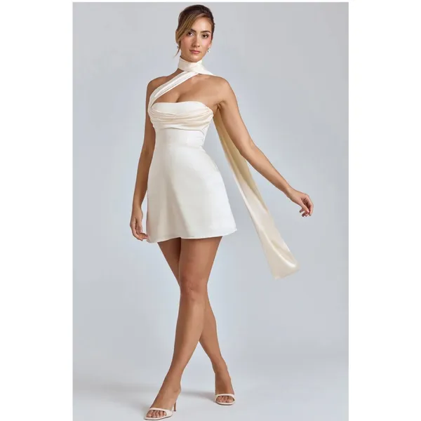 Oh Polly Anastasia Draped Halterneck Satin Mini Dress in Ivory Size 0 New - Image 3