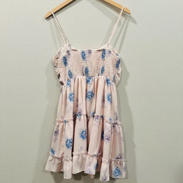 Floral Tie Front Tiered Ruffle Mini Dress Pink/Blue Rose Smocked Back Summer - L - Image 5
