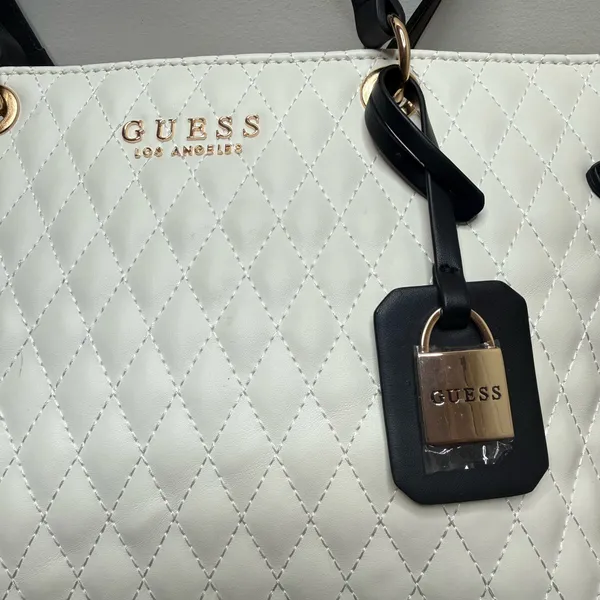 GUESS Quilted Two-Tone Tote in White and Black with Gold Hardware - Image 2