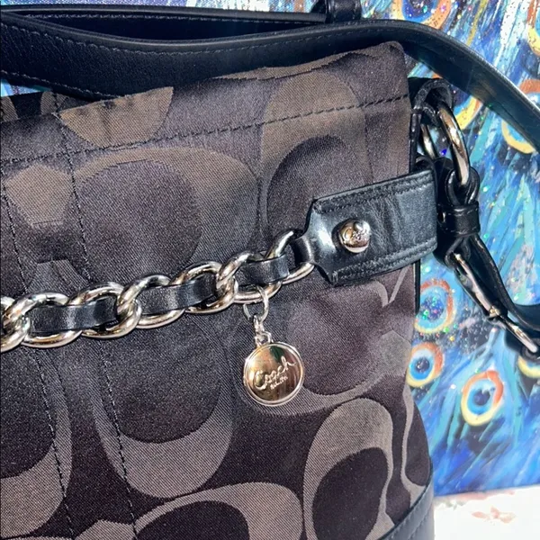 Vintage Coach Sateen Monogram and Leather/Silver Chain Shoulder/Crossbody Bag - Image 2