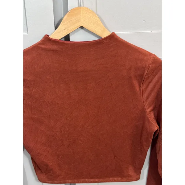 Windsor Rust Orange Faux Suede Mock Neck Long Sleeve Crop Top Womens - Image 4