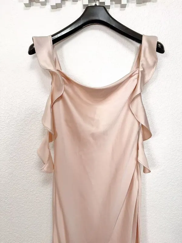 Lulus Meadow Ruffled Shoulder Satin Maxi Gown Dress in Blush Pink Bridesmaid - Image 3